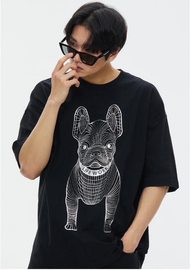 LifeWork  黑色 銀狗線圖 T恤（LW245TS091）